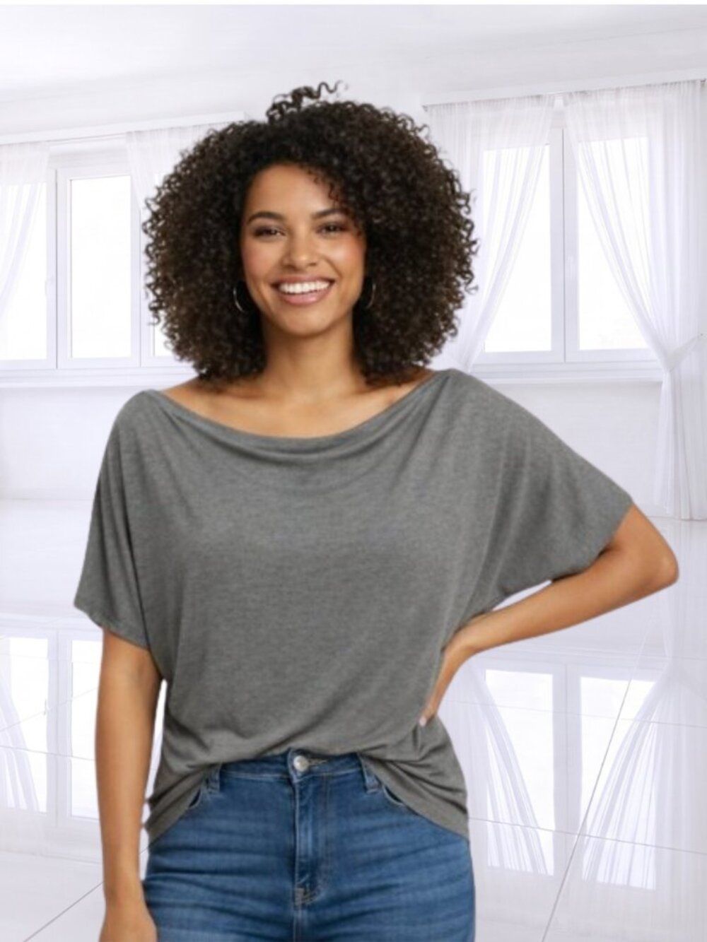 Grey Off Shoulder Top XL Soft Rayon Spandex Casual Lounge Minimalist Slouchy Tee